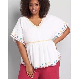 Lane Bryant Floral Embroidered Boho Babydoll Blouse Top Women's Size 16 White